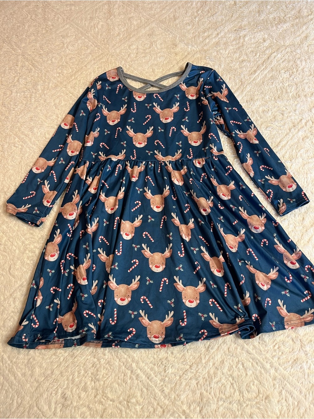 Girls' Navy Reindeer Print Long-Sleeve Holiday Dress